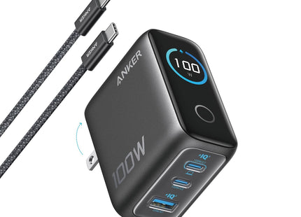 Anker Charger with USB-C to USB-C Cable 3 Ports 100W Smart Display Black