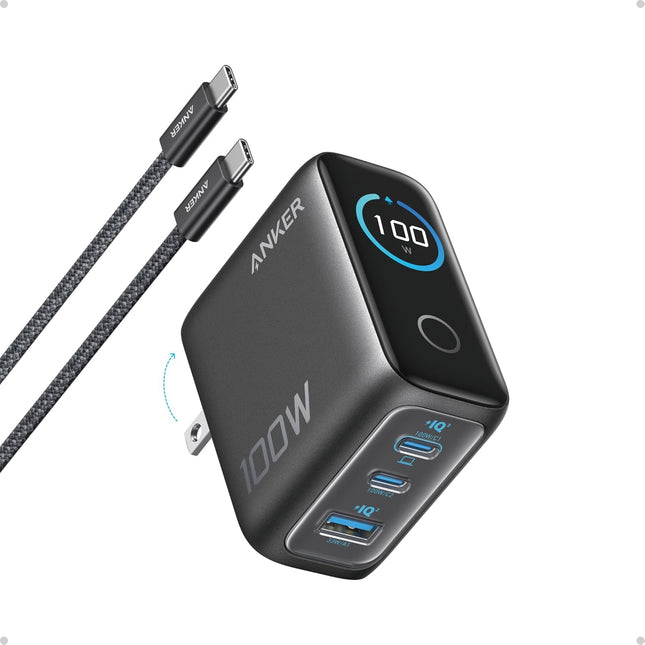 Anker Charger with USB-C to USB-C Cable 3 Ports 100W Smart Display Black