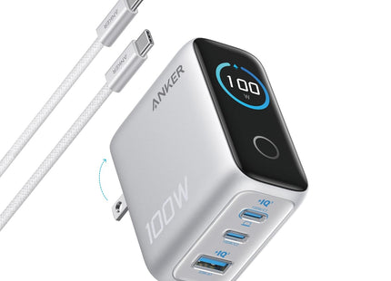 Anker Charger with USB-C to USB-C Cable 3 Ports 100W Smart Display Silver