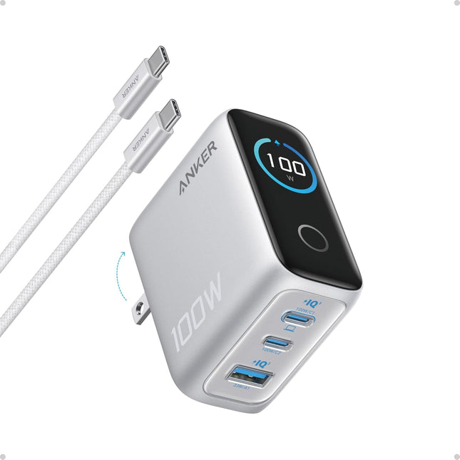 Anker Charger with USB-C to USB-C Cable 3 Ports 100W Smart Display Silver