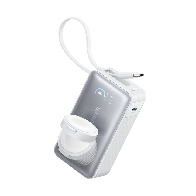 Anker Nano Power Bank 10000mAh with Built-In USB-C Cable and Apple Watch Charging 30W White