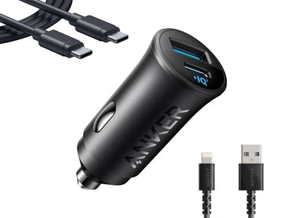 Anker PowerDrive Car Charger 2 Ports with USB-C to USB-C and USB-A to Lightning Cables 30W Black