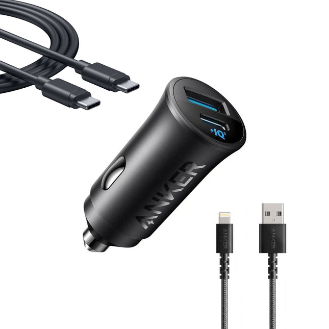 Anker PowerDrive Car Charger 2 Ports with USB-C to USB-C and USB-A to Lightning Cables 30W Black