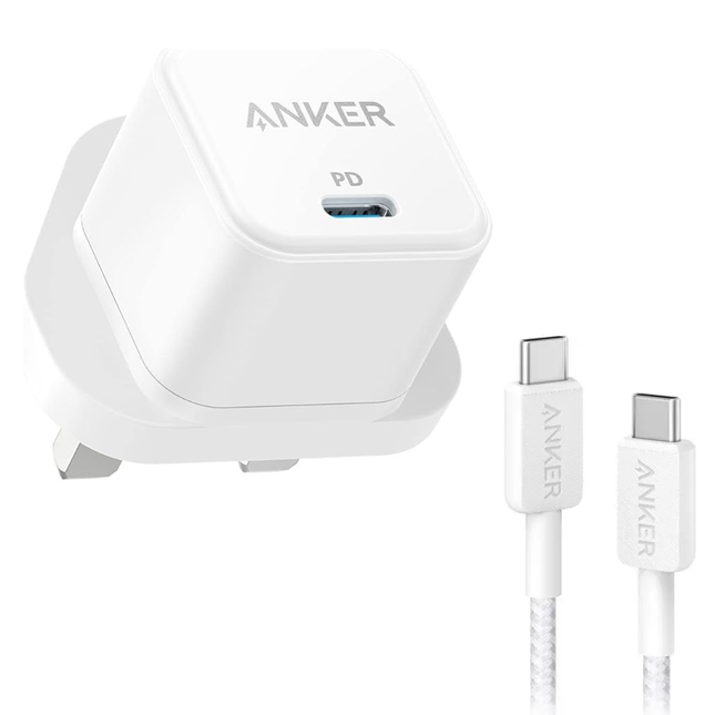 Anker PowerPort III Cube Charger White 20W with USB-C to USB-C Braided Cable 3ft White