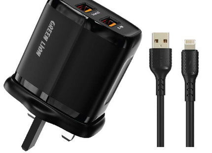 Green Lion Dual Port Wall Charger UK Plug 2 USB-A Port USB-A to Lightning 1m Cable