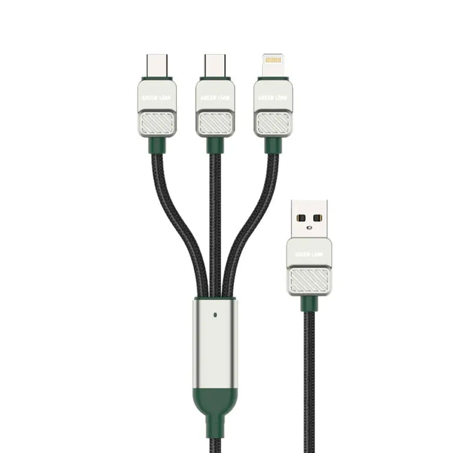 Green Lion 3-in-1 Cable Braided USB A to USB-C, USB-C, Lightning 1.2m Black & Dark Green