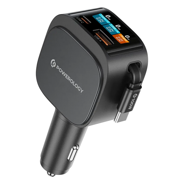 Powerology VoltMax 130W Pro Fast Car Charger with Retractable Cable