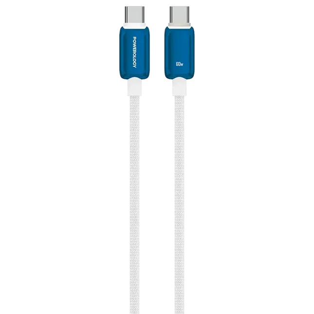 Powerology 60W Braided USB-C to USB-C Cable White Blue