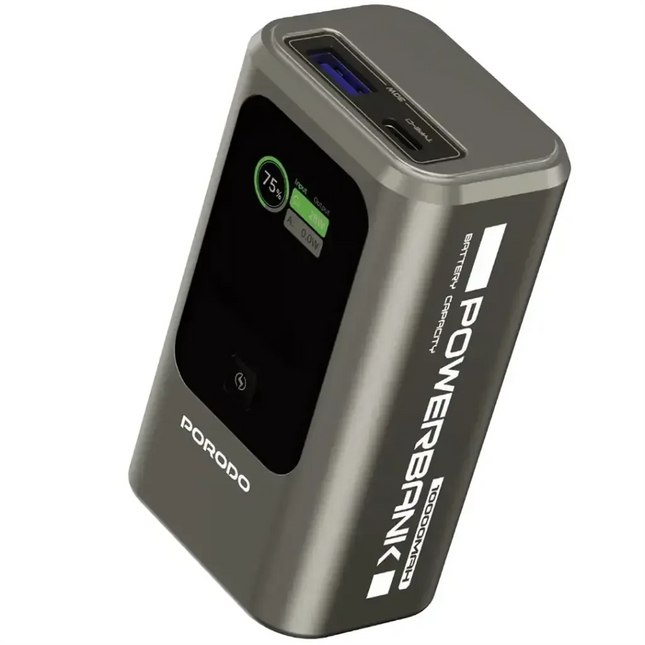 Porodo 10000mAh Mini Power Bank with Real-Time Display Grey
