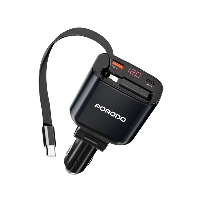 Porodo 105W Dual Port & Dual Connector Car Charger With Retractable Cable Black