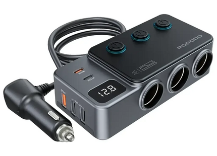 Porodo 120W Car Charger Hub Triple-Port Lighter Socket Dark Gray