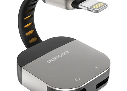 Porodo 2-In-1 Adapter Lightning To 3.5mm Aux Audio + Charging Grey
