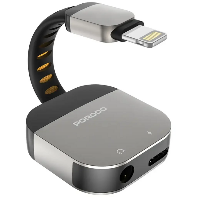 Porodo 2-In-1 Adapter Lightning To 3.5mm Aux Audio + Charging Grey