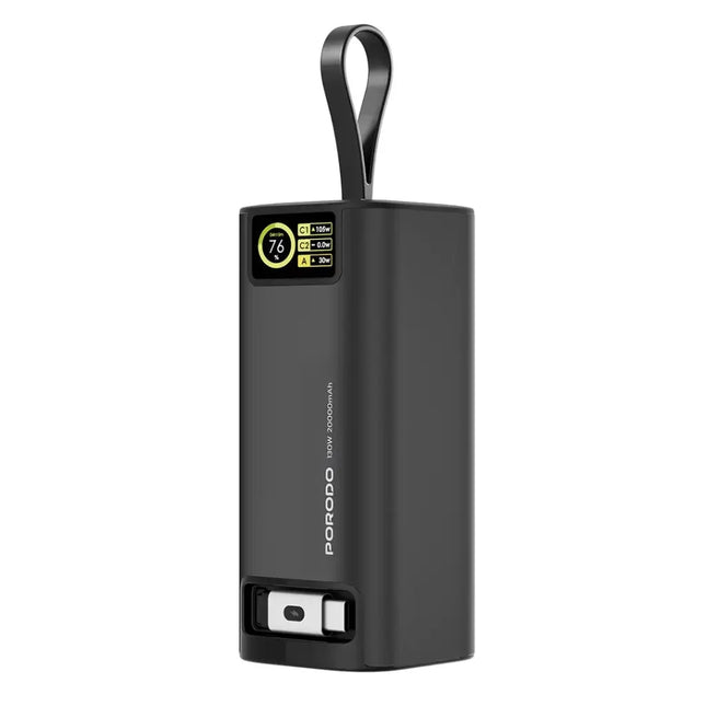 Porodo 20000mAh 130W Power Bank 1M Retractable Type-C Cable Black