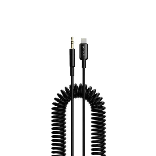 Porodo 3.5MM Lightning AUX Coiled Audio Cable Convenient Tangle-Free Design 1.2m/4ft Black