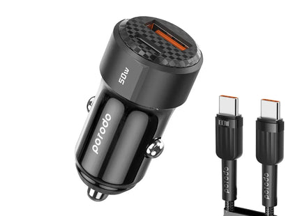 Porodo 50W Dual Port Car Charger Braided Cable Included Type-C to Type-C Black