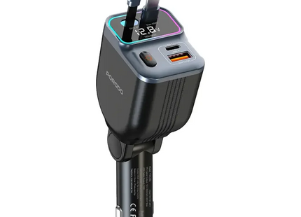 Porodo 65W Car Charger Dual Retractable Cable Black