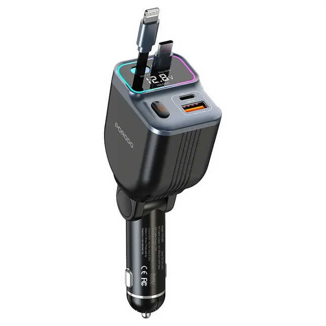 Porodo 65W Car Charger Dual Retractable Cable Black