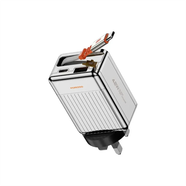 Porodo 75cm Retractable Type-C Super Quick GaN Charger Silver