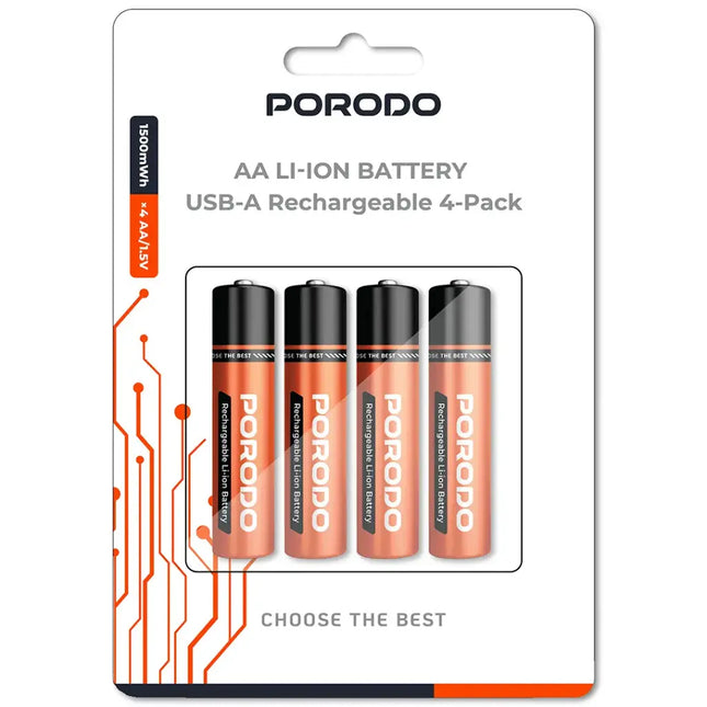 Porodo AA LI-ION Battery USB-A Rechargeable 4-Pack Orange