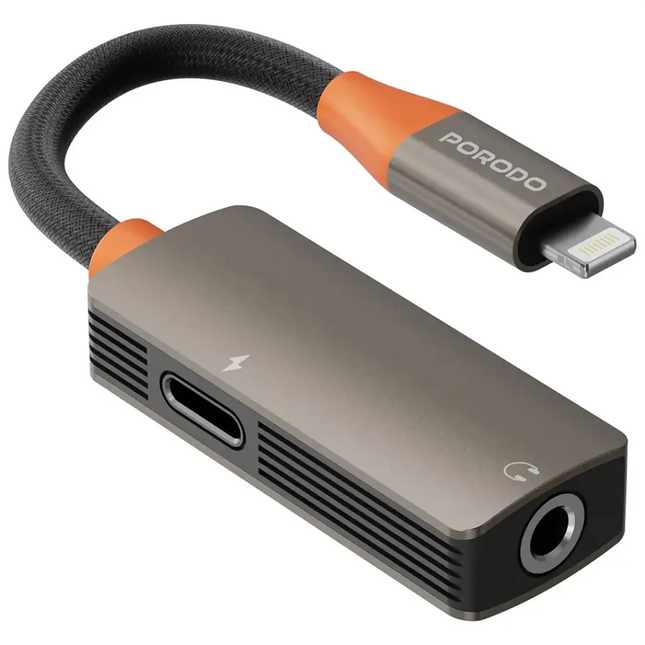 Porodo AudioLink Duo Lightning +3.5MM Jack Audio and Charge Splitter Black & Orange