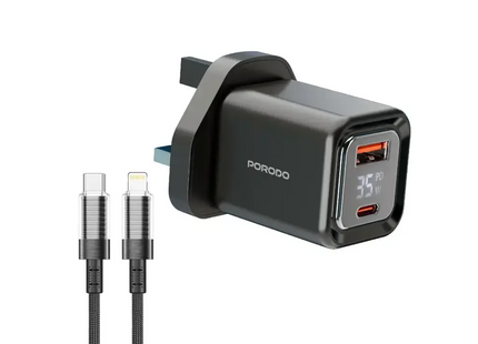 Porodo Dual-Port | Digital Display Quick Charger with USB-C To Lightning Cable Black