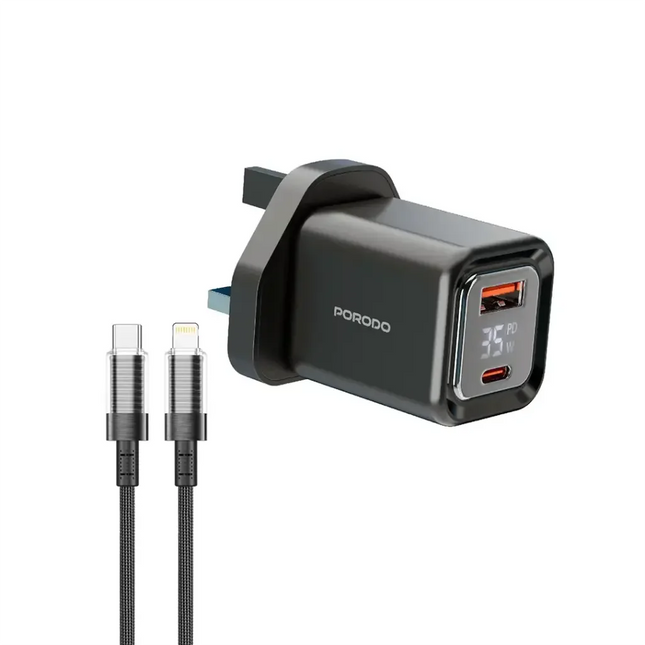 Porodo Dual-Port | Digital Display Quick Charger with USB-C To Lightning Cable Black