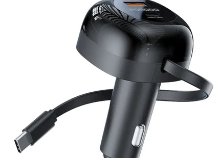 Porodo Dual Port Car Charger 80cm Retractable Type-C Cable Black