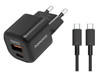 Porodo Dual Port Wall Charger with USB-C To USB-C Cable Black