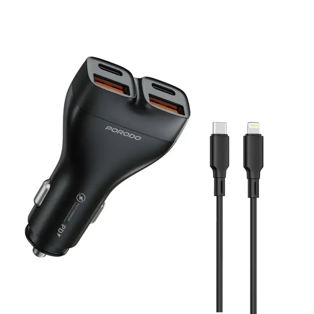 Porodo Dualpower 102W Car Charger With USB-C To Lightning Cable Black