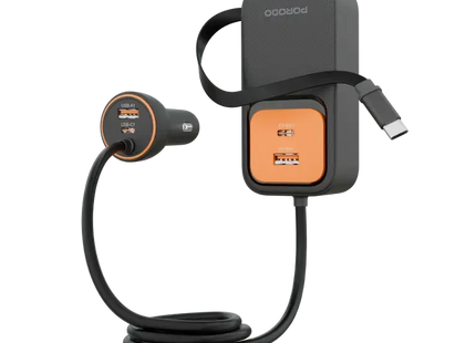Porodo ENZO MULTI-PORT CAR CHARGER Dual 70cm Retractable Cables Black