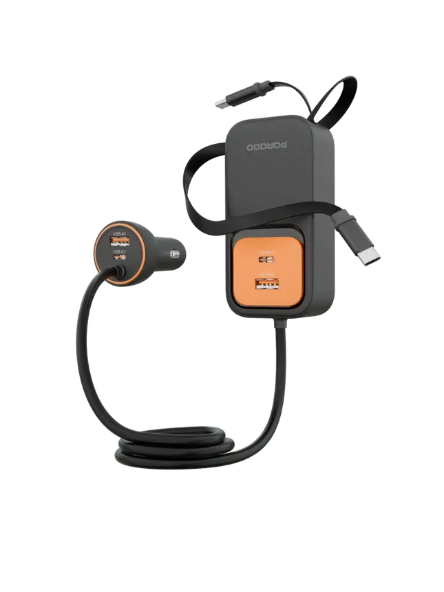 Porodo ENZO MULTI-PORT CAR CHARGER Dual 70cm Retractable Cables Black