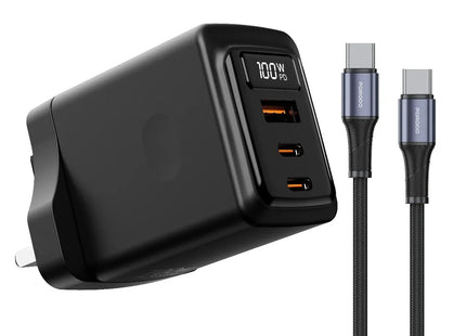 Porodo GaN 100W Multi-Port Wall Charger with USB-C to USB-C Cable Black