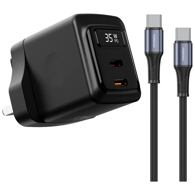 Porodo GaN 35W Dual Port Wall Charger with Type-C To Type-C Cable Black