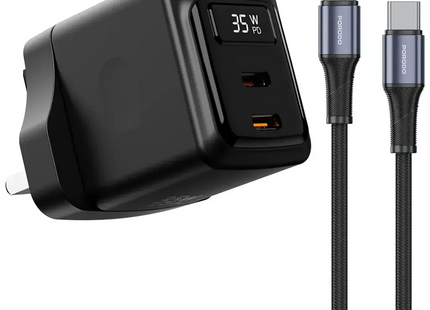 Porodo GaN 35W Dual USB-C Wall Charger with Type-C To Type-C Cable Black