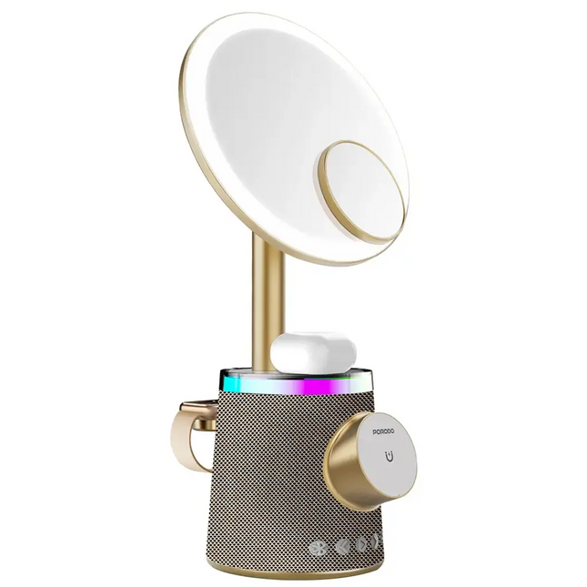 Porodo Makeup Mirror Wireless Charger & Speaker with RGB Lights Gold