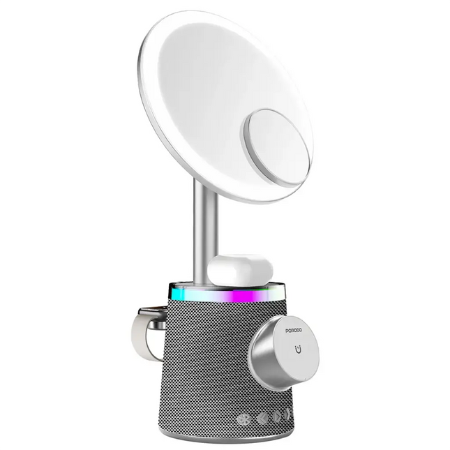 Porodo Makeup Mirror Wireless Charger & Speaker with RGB Lights Silver