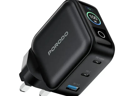 Porodo Nexora 100W 3-Port Wall Charger with LCD Display Black