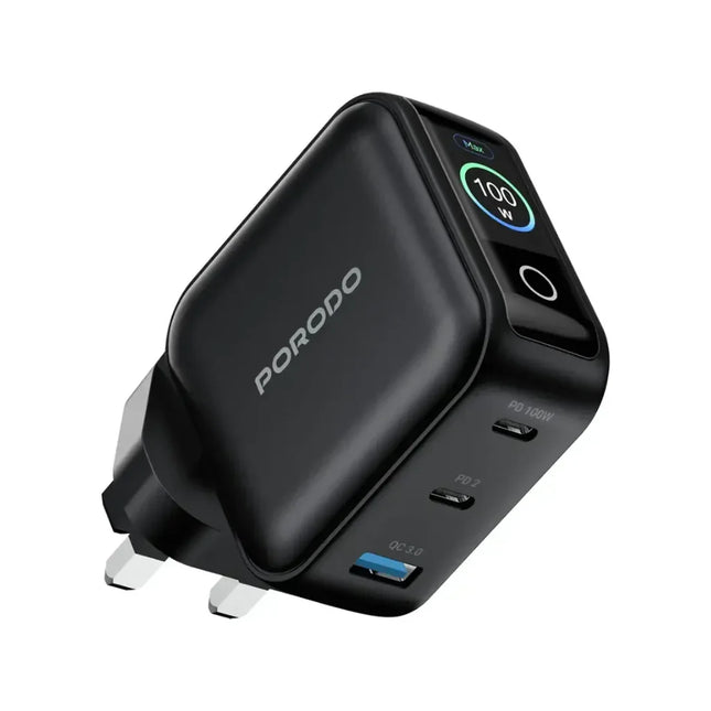 Porodo Nexora 100W 3-Port Wall Charger with LCD Display Black