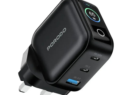 Porodo Nexora 65W 3-Port Wall Charger with LCD Display Black