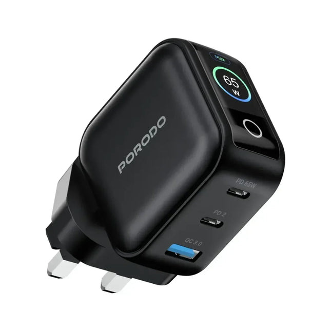 Porodo Nexora 65W 3-Port Wall Charger with LCD Display Black