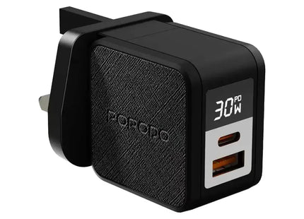 Porodo Quantum GaN 30W Multi-Port Charger with Digital Display Black