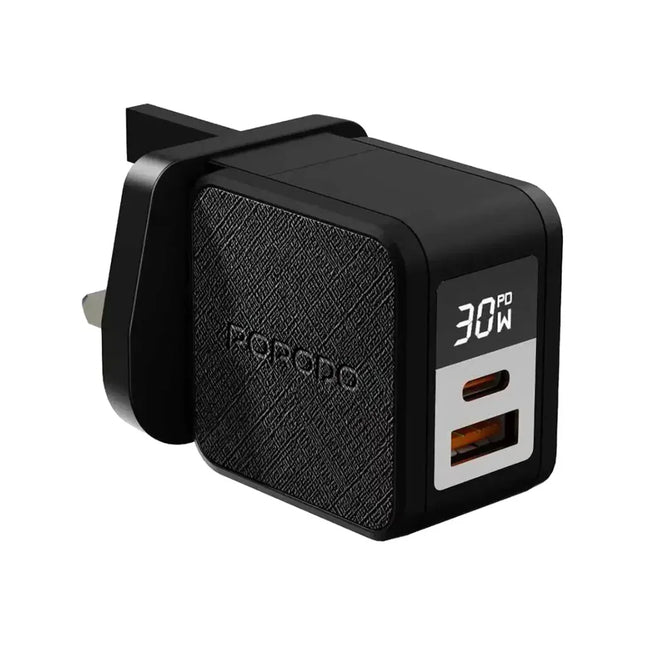 Porodo Quantum GaN 30W Multi-Port Charger with Digital Display with C to Lightning Cable Black