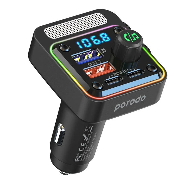 Porodo Quick-Charge FM Car Charger Dual USB-C & USB-A Black