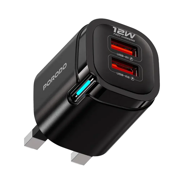 Porodo Tekto Dual USB-A Wall Adapter Black