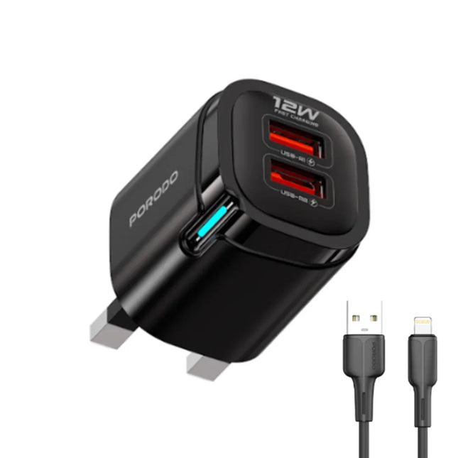 Porodo Tekto Dual USB-A Wall Adapter With USB-A to Lightning Cable Black
