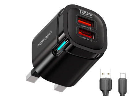 Porodo Tekto Dual USB-A Wall Adapter With USB-A to USB-C Cable Black