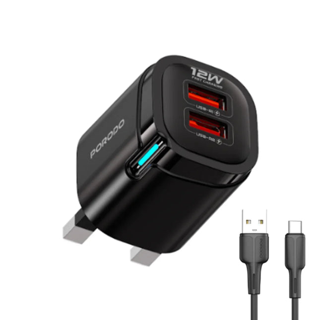 Porodo Tekto Dual USB-A Wall Adapter With USB-A to USB-C Cable Black