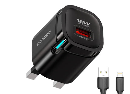 Porodo Tekto USB-A Wall Adapter With USB-A to Lightning Cable Black