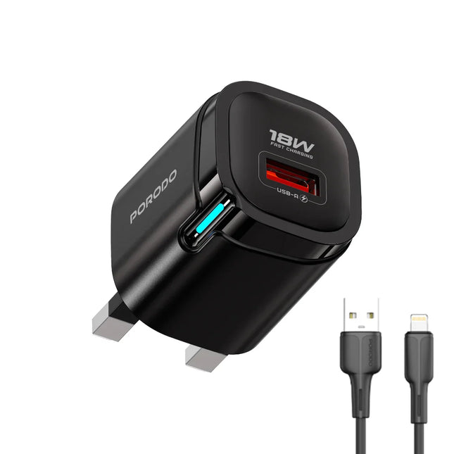 Porodo Tekto USB-A Wall Adapter With USB-A to Lightning Cable Black